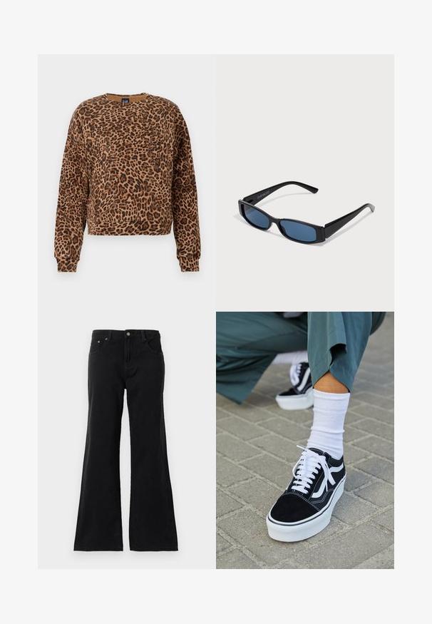 Sweatshirt med leopardmønster i nuancer af brunt og sort. Fremstillet af blødt stof, har rund halsudskæring og lange ærmer med ribbede manchetter.; Sorte højtaljede denimjeans med fem lommer og bredde ben, vist på en hvid baggrund.; Sorte ruskinds sneakers med hvide accenter og snørebånd, der har en tyk hvid sål og kontrasterende syninger, parret med en hvid sok.; Sorte solbriller med en slank rektangulær ramme og blå linser. Har en glat overflade og robuste stænger. Mærkets logo på siden.