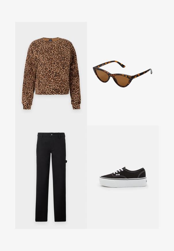 Sweatshirt mit Leopardenmuster in Brauntönen und Schwarz. Hergestellt aus weichem Material, verfügt über einen runden Ausschnitt und lange Ärmel mit gerippten Bündchen.; Schwarze Hose aus einem glatten Stoff mit geraden Beinen, einem Knopfverschluss und einer Seitenasche.; Schwarze Leinensneaker mit einer weißen Gummiplattformsohle, weißen Schnürsenkeln und Nähten, ikonischer Markenaufdruck an der Seite, im Low-Top-Design.; Katzenaugen-Sonnenbrille mit einem schwarz-orangenen Schildpattrahmen, braunen Gläsern und schlanken, spitzen Enden. Verfügt über ein minimalistisches Logo am Bügel.