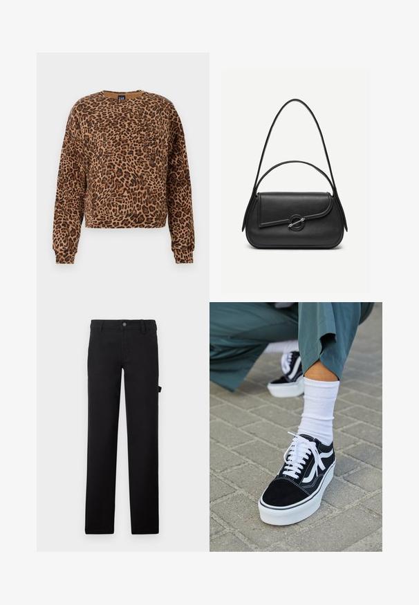 Sweatshirt mit Leopardenmuster in Brauntönen und Schwarz. Hergestellt aus weichem Material, verfügt über einen runden Ausschnitt und lange Ärmel mit gerippten Bündchen.; Schwarze Hose aus einem glatten Stoff mit geraden Beinen, einem Knopfverschluss und einer Seitenasche.; Schwarze Wildledersneaker mit weißen Akzenten und Schnürsenkeln, ausgestattet mit einer dicken weißen Sohle und kontrastierenden Nähten, kombiniert mit einer weißen Socke.; Schwarze Lederhandtasche mit abgerundeten Kanten, asymmetrischem Überschlag, metallfarbenem runden Verschluss und kurzen sowie langen Schulterriemen.
