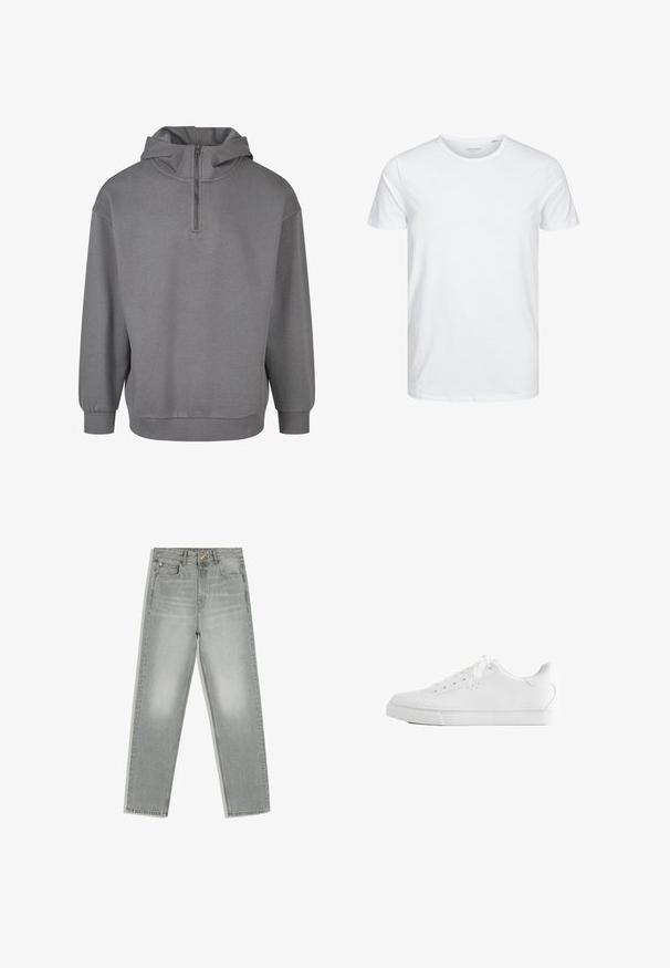 Grå hættetrøje med halvlukning foran, lange ærmer, ribbede manchetter og et blødt, tekstureret stof. Simpelt design uden mønstre.; Rundhals kortærmet t-shirt i ensfarvet hvid, lavet af blød bomuld, har et simpelt design uden synlige mønstre eller detaljer.; Grå støvleben jeans med fem lommer, knap- og lynlåslukning, vist fladt på hvid baggrund.; Hvid lavtop sneakers med snørebånd, glat læderoverdel og flad gummiå sole set fra siden på en hvid baggrund.