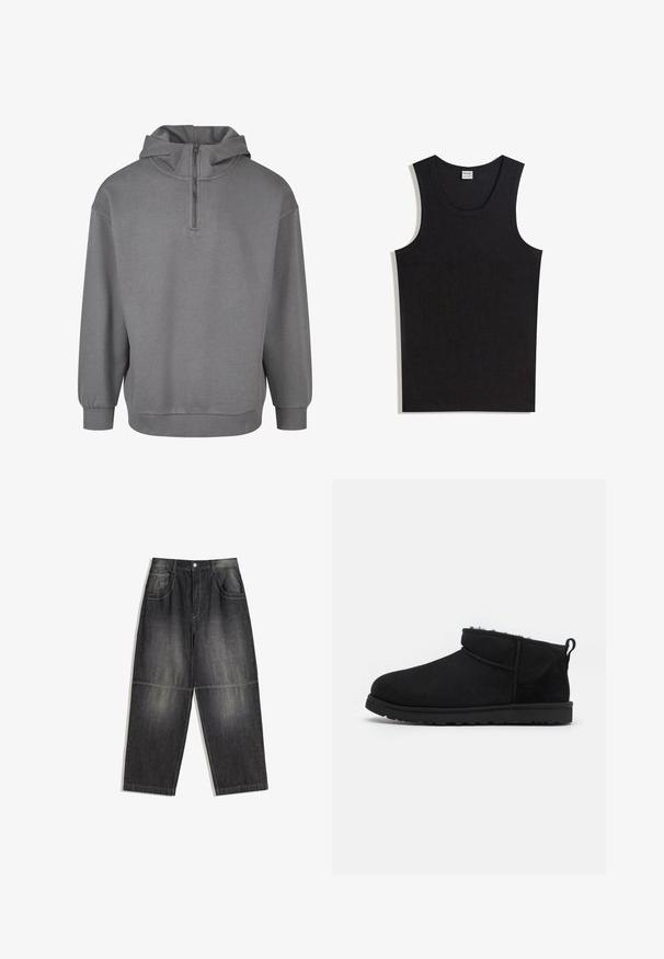 Grå hættetrøje med halvlukning foran, lange ærmer, ribbede manchetter og et blødt, tekstureret stof. Simpelt design uden mønstre.; Sort tanktop lavet af bomuld med rund halsudskæring og ærmeløs design. Glat tekstur uden synlige mønstre eller accenter.; Mørkegrå denimbukser med en løs pasform, to forlommer og kontrasterende syninger. Stofmet har en let falmet udseende.; Sorte ruskind ankelstøvler med en blød, tekstureret foring, lavprofilgummi sål og en løkke bagpå for nem påtagning.