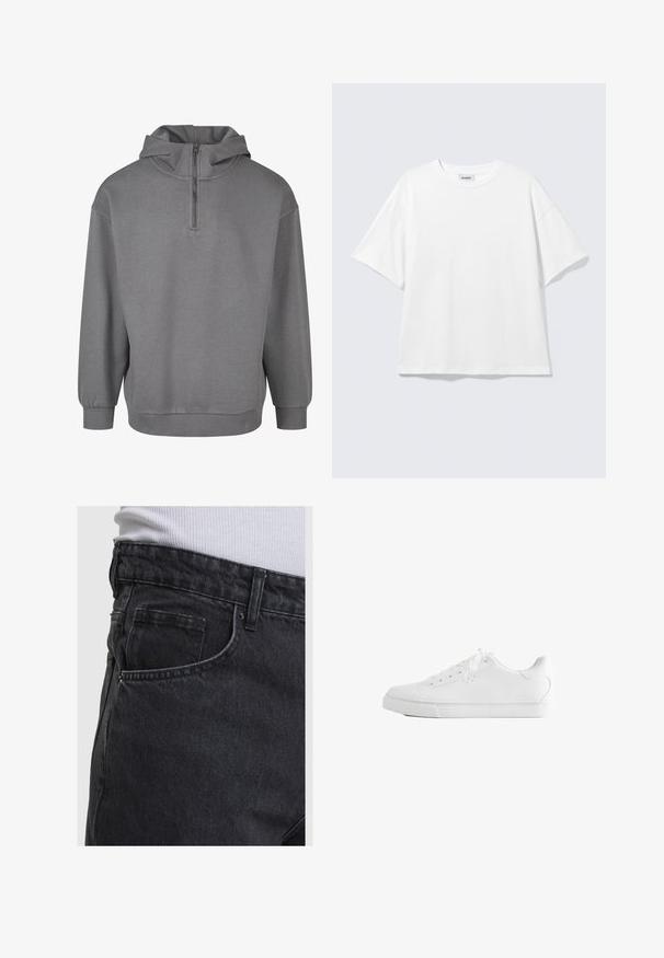 Grå hættetrøje med halvlukning foran, lange ærmer, ribbede manchetter og et blødt, tekstureret stof. Simpelt design uden mønstre.; Hvid oversized t-shirt med korte ærmer og rund halsudskæring med sænkede skuldre, fladt lagt på lys grå baggrund.; Sorte denimjeans med synlig forlomme og bæltestrop, båret med en hvid ribbet skjorte, der er stukket ind i taljen.; Hvid lavtop sneakers med snørebånd, glat læderoverdel og flad gummiå sole set fra siden på en hvid baggrund.