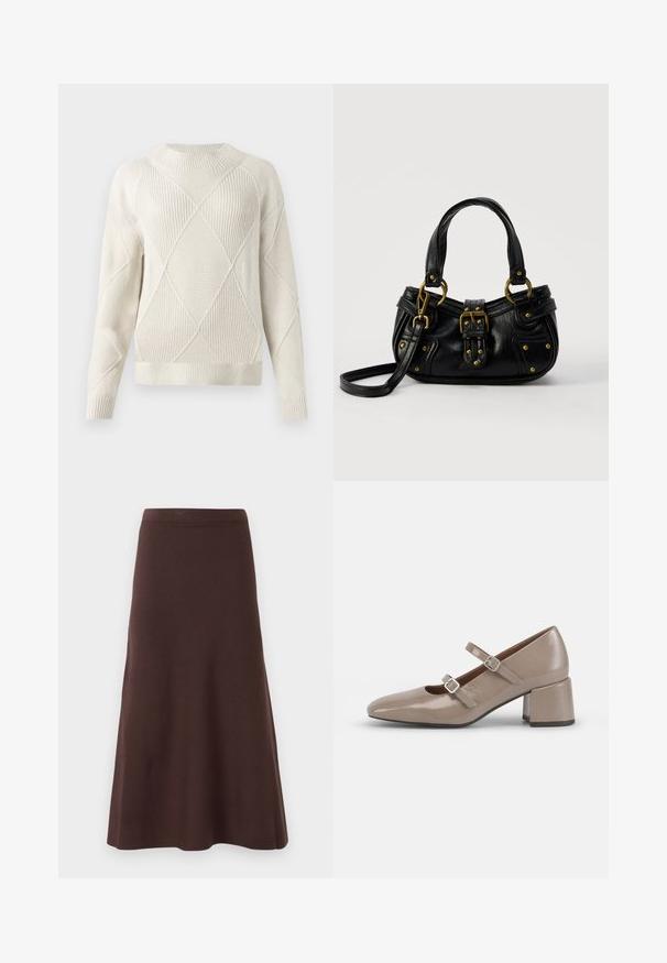 Pull en tricot crème avec un motif en losanges texturé, col rond, poignets et ourlet côtelés. Matière douce et coupe décontractée.; Jupe évasée marron en tissu lisse, avec une taille ajustée et un ourlet évasé, sans motifs ni embellissements visibles.; Chaussure Mary Jane en cuir verni beige avec un bout pointu, deux sangles ajustables et un talon épais et carré. Texture lisse et matériel minimal.; Sac à main en cuir noir avec boucle dorée et détails à rivets, poignées courtes et bandoulière réglable sur fond blanc uni.