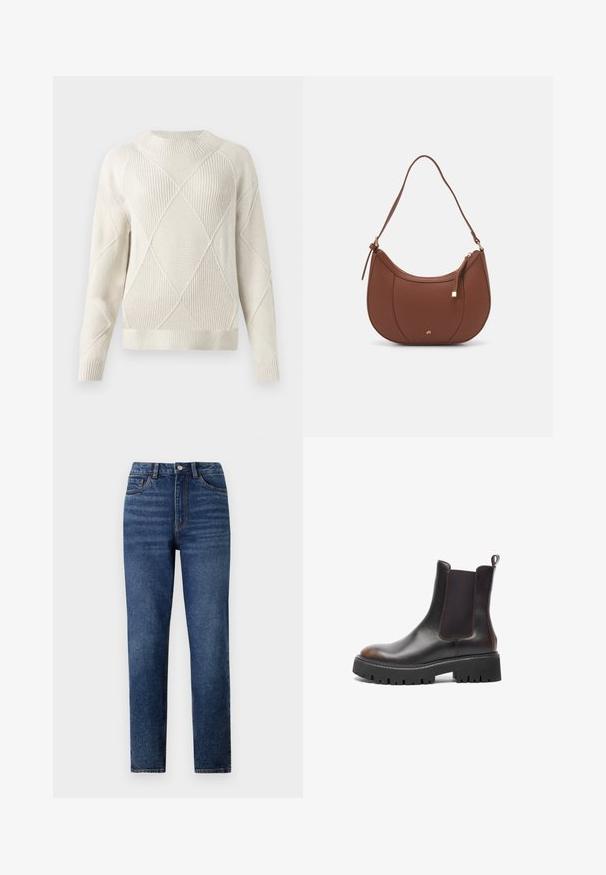 Pull en tricot crème avec un motif en losanges texturé, col rond, poignets et ourlet côtelés. Matière douce et coupe décontractée.; Jeans en denim bleu taille haute avec une coupe droite, présentant un léger délavage, une fermeture à un bouton et un design à cinq poches.; Bottines en cuir brun avec des panneaux latéraux élastiques, semelle en caoutchouc noir épaisse, bout arrondi, couture contrastante et tirette à l'arrière.; Sac à épaule en faux cuir brun, de forme arrondie, avec des coutures minimales et un accent en matériel doré. Il possède une fermeture zippée sur le dessus et une sangle réglable.