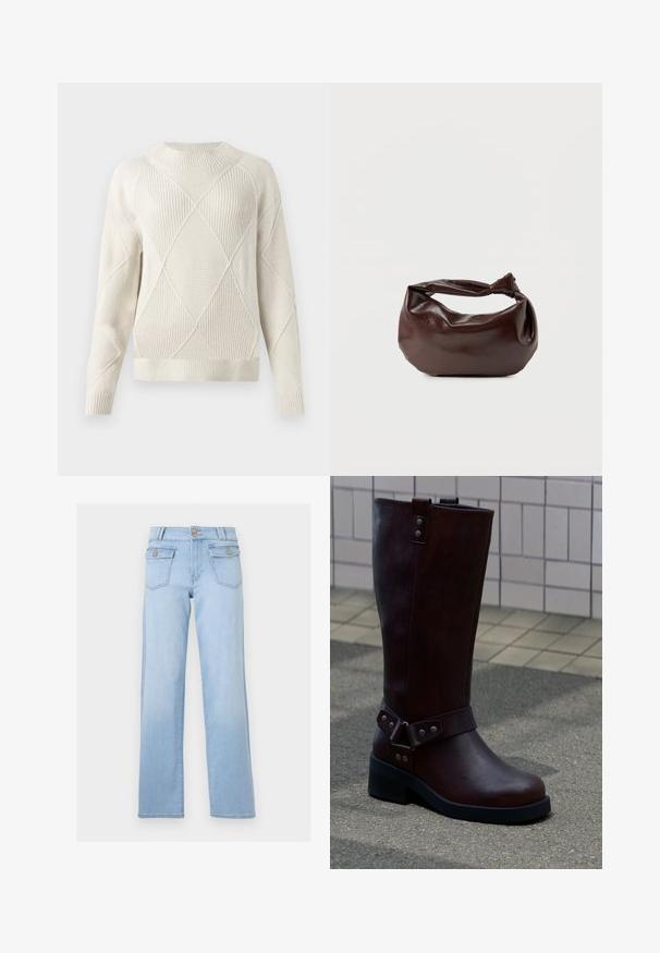 Pull en tricot crème avec un motif en losanges texturé, col rond, poignets et ourlet côtelés. Matière douce et coupe décontractée.; Jeans bleu clair taille haute à jambes droites avec fermeture à boutons sur le devant et poches à rabat avec boutons, sur fond blanc.; Botte mi-mollet en cuir marron foncé avec semelle noire et détails en rivets argentés, posée sur un trottoir extérieur près d'un mur carrelé.; Sac bandoulière en cuir marron foncé avec une forme souple et décontractée et une anse nouée torsadée sur un fond blanc uni.