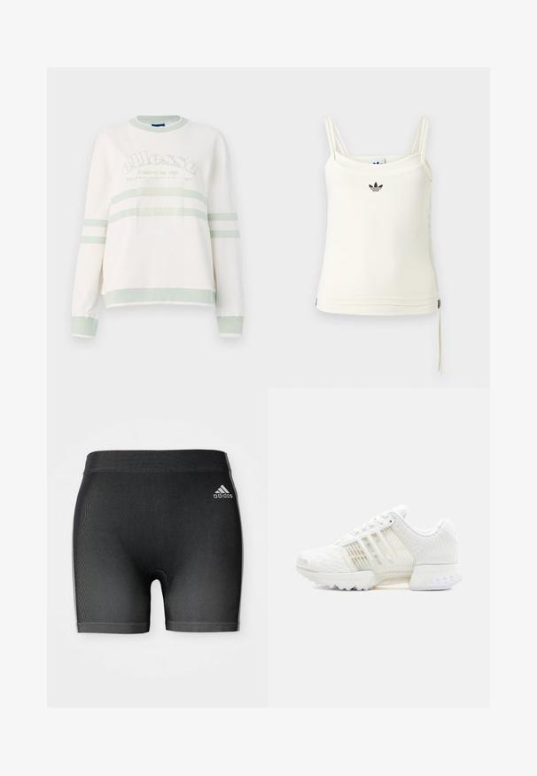 Weißer, gerippter Sweatshirt mit hellgrünen Akzenten. Verfügt über einen Rundhalsausschnitt, lange Ärmel und ein zentriertes Logo mit horizontalen Streifen.; Cremefarbenes Tanktop mit dünnen Trägern; Adidas-Logo in Schwarz auf der Brust. Glatter Stoff mit Kordelzug-Detail am Saum. Einfaches Design.; Schwarze Sportshorts aus einem strukturierten Stoff, mit einem elastischen Bund und einem kleinen weißen Adidas-Logo auf der oberen linken Seite.; Weißer Sportschuh mit strukturiertem Mesh-Obermaterial, transparenten Seitenpaneelen und einer robusten Gummisohle. Verfügt über ein Schnürdesign und einen gepolsterten Schaft.