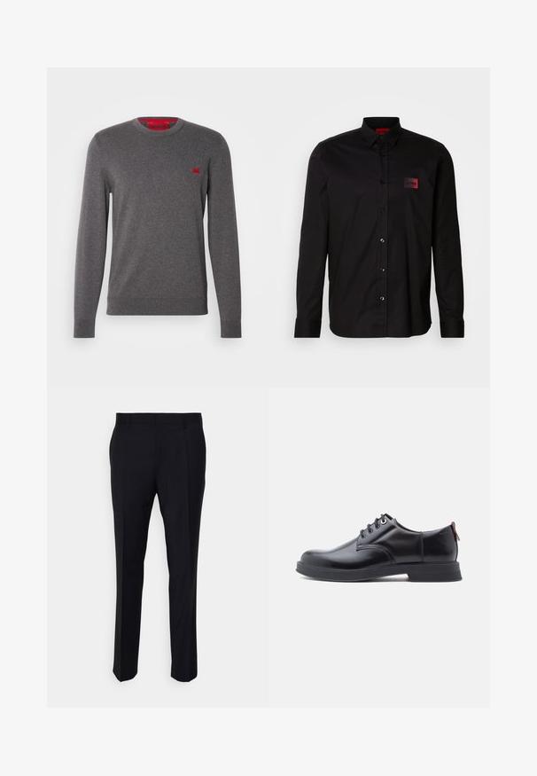 Pull col ras du cou gris en tissu doux, doté d'un petit patch logo rouge sur la poitrine, avec des poignets et un ourlet côtelés pour un look ajusté.; Chemise noire à manches longues en tissu lisse, dotée d'une fermeture à boutons, d'un col classique et d'un petit patch de marque rouge sur la poitrine.; Pantalon noir en tissu tissé, à coupe ajustée, avec un devant plat, des poches latérales et une coupe droite.; Chaussures en cuir noir à lacets avec une texture lisse, un bout arrondi et des détails de couture discrets. Présentent une languette rouge à l'arrière.