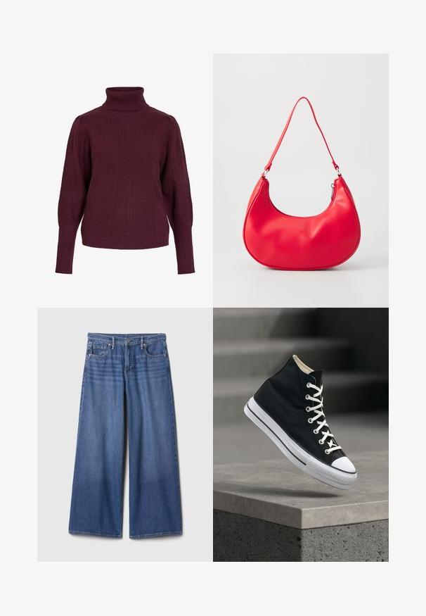 Bordeaux coltrui gemaakt van ribgebreide stof, met lange mouwen en een relaxte pasvorm met strakke manchetten en een hoge kraag.; Wijde denim jeans in medium blauw, met een hoge taille, vijf zakken en stikdetails. Gladde textuur, onversierde afwerking.; Zwarte hoge sneaker met witte veters en rubberen zool, balancerend op de rand van een grijs betonnen platform.; Rode synthetische leren schoudertas met een gebogen vorm, slanke strap en een ritsluiting. Glad oppervlak met zichtbare stiksels.