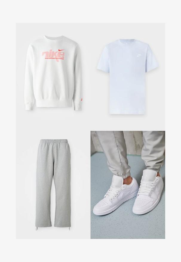 Hvid sweatshirt lavet af bomuldsblanding. Har et stort 'nike' logo i rødt med prikmønster og teksten 'International Sportswear' nedenfor. Rød Nike swoosh på ærmet.; Lyseblå bomulds t-shirt med korte ærmer, rund hals og et hvidt Nike-logo trykt på venstre bryst. Glat tekstur, simpelt design.; Grå sweatpants med elastisk talje, lige ben og snoretræk ved kanten. Fremstillet af blødt, struktureret stof.; Hvide lædersneakers har en perforeret tåboks, flade snørebånd, polstret krave og Jordan-logoet på tungen. Båret med grå joggers.