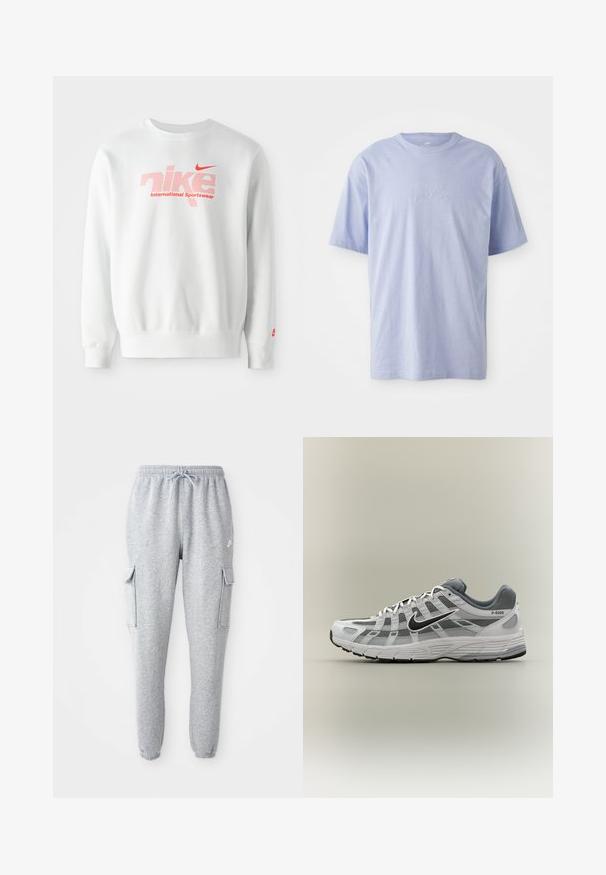 Hvid sweatshirt lavet af bomuldsblanding. Har et stort 'nike' logo i rødt med prikmønster og teksten 'International Sportswear' nedenfor. Rød Nike swoosh på ærmet.; Lysblå bomulds T-shirt med rund halsudskæring og korte ærmer. Har et præget "nike" logo i midten foran. Blød tekstur.; Grå sweatpants lavet af blødt stof, med en elastisk talje med snor, to sidelommer og tapered manchetter.; Hvid og grå Nike P-6000 sneaker med sort swoosh, meshpaneler og tekstureret sål, vist i sideprofil på neutral baggrund.