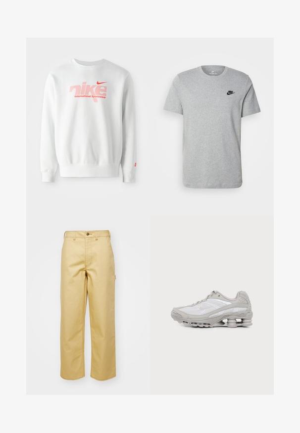 Valkoinen huppari, joka on valmistettu puuvillasekoituksesta. Siinä on suuri punainen "nike" -logo, jossa on pistekuvio sekä "International Sportswear" -teksti sen alla. Punainen Nike -swoosh hihassa.; Harmaa lyhythihainen T-paita, joka on valmistettu puuvillasta. Paidassa on musta Nike-logo rinnassa ja pyöreä kaula-aukko. Minimalistinen muotoilu ilman kuvioita.; Vaaleanbeige leveälahkeiset housut, jotka on valmistettu puuvillasta ja joissa on etupainike, vyölenkit ja sivutaskut. Sujuva pinta, jossa on näkyvät ompeluyksityiskohdat.; Harmaa ja valkoinen urheilujalkaine, jossa verkkopaneelit, nauhallinen malli ja ainutlaatuinen jousimainen pohja vaimennukseen ja tukeen.