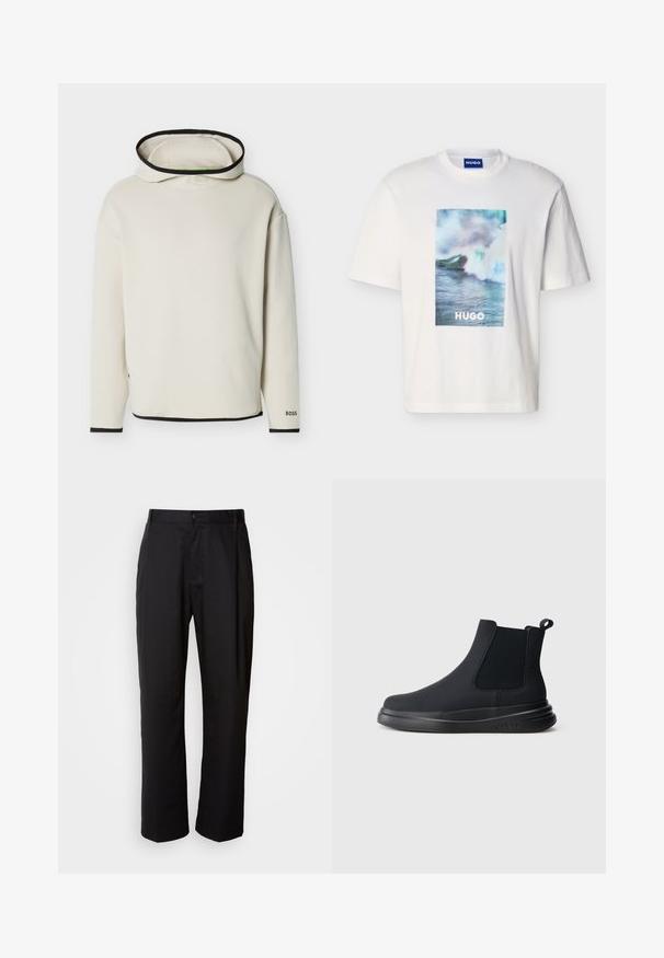 Sweat à capuche couleur blanc cassé avec bordure noire sur la capuche, les poignets et l'ourlet, manches longues et logo "BOSS" sur le poignet de la manche gauche.; T-shirt blanc à manches courtes avec un motif de vague océanique en bleu, vert et blanc et le texte "HUGO" centré à l'avant.; Pantalon noir à coupe droite, en tissu léger. Il dispose d'une fermeture à bouton sur le devant et de deux poches latérales ; texture lisse.; Bottines Chelsea noires avec panneaux élastiques sur les côtés, finition mate lisse et semelle épaisse. Comprend une languette pour un enfilage facile. Design minimaliste.