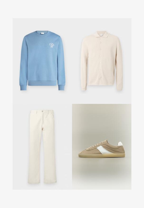 Sweat-shirt bleu clair à col rond avec poignets et ourlet côtelés, avec un petit texte blanc "LES DEUX" et un dessin sur la poitrine gauche.; Cardigan beige à manches longues, boutonné devant avec col, tissu texturé, et sept boutons sur le devant, présenté sur un fond clair uni.; Pantalon droit écru avec poches avant, passants pour ceinture et fermeture par bouton à la taille.; Baskets en daim marron clair avec semelle beige, languette de talon blanche, bande latérale blanche et fermeture à lacets sur fond neutre.