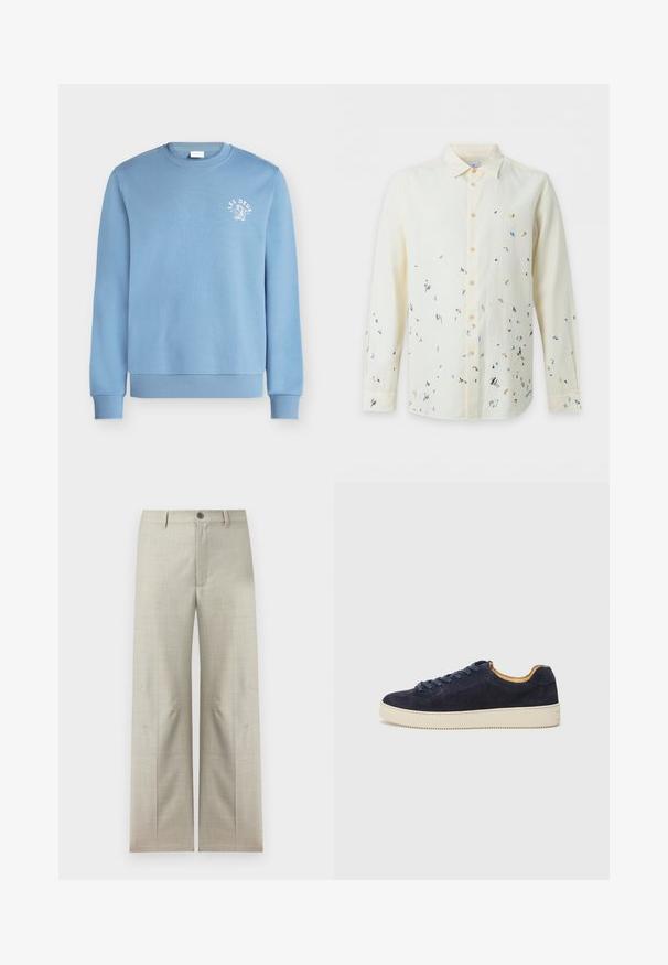 Sweat-shirt bleu clair à col rond avec poignets et ourlet côtelés, avec un petit texte blanc "LES DEUX" et un dessin sur la poitrine gauche.; Chemise crème à manches longues avec boutons, avec petits détails brodés abstraits multicolores dispersés sur le devant et les manches.; Pantalon formel beige clair à jambes droites, fermeture avec bouton et fermeture éclair, passants pour ceinture, présenté sur un fond blanc.; Baskets basses en suede bleu marine avec bout arrondi, semelle en caoutchouc blanc cassé et lacets assortis ; dotées d'une doublure intérieure contrastante couleur tan.