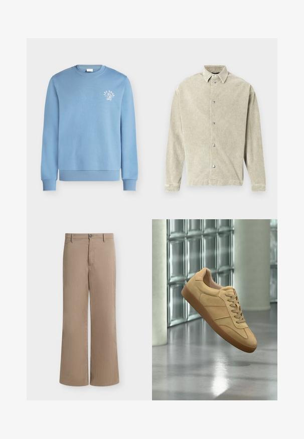 Sweat-shirt bleu clair à col rond avec poignets et ourlet côtelés, avec un petit texte blanc "LES DEUX" et un dessin sur la poitrine gauche.; Chemise en tissu vert clair texturé avec un col classique, des manches longues et une fermeture frontale à boutons argentés.; Pantalon beige droit avec fermeture par bouton et zip, passants pour ceinture et poches latérales sur fond uni.; Baskets beiges en daim avec semelle en gomme, design à lacets, flottant à l'intérieur sur un sol en béton poli près d'un mur en blocs de verre.