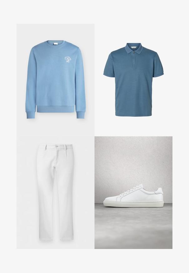 Sweat-shirt bleu clair à col rond avec poignets et ourlet côtelés, avec un petit texte blanc "LES DEUX" et un dessin sur la poitrine gauche.; Polo bleu à manches courtes avec un col et des poignets texturés, doté d'une fermeture éclair devant sur la moitié.; Pantalon blanc droit avec passants pour ceinture, fermeture par bouton et plis avant sur fond uni.; Sneaker blanche avec une tige en cuir lisse et un profil bas. Présente un bout arrondi, six œillets et une semelle en caoutchouc texturé.