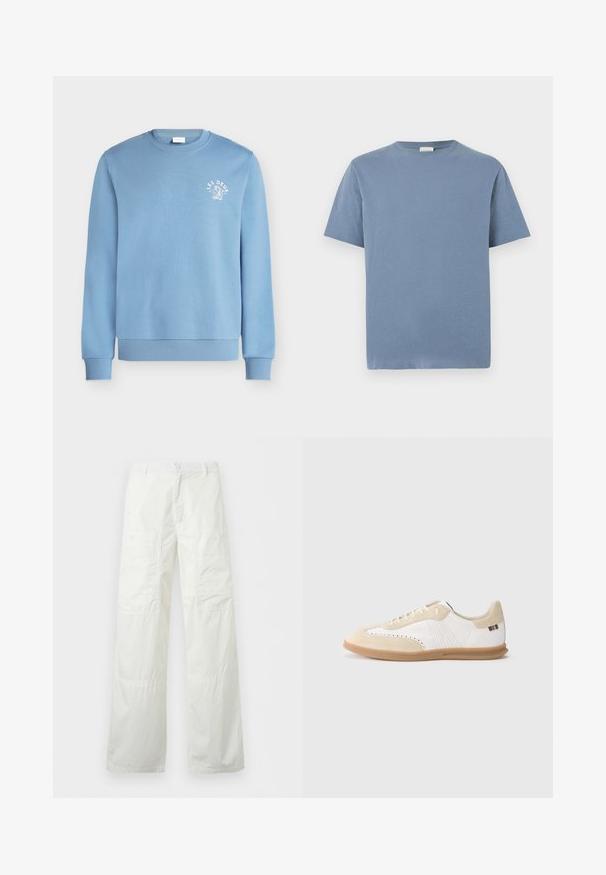 Sweat-shirt bleu clair à col rond avec poignets et ourlet côtelés, avec un petit texte blanc "LES DEUX" et un dessin sur la poitrine gauche.; T-shirt bleu clair à manches courtes en coton doux. Présente un col rond et une coupe décontractée. Sans motifs ni accents remarquables.; Pantalon blanc à jambes larges avec taille boutonnée et deux grandes poches cargo boutonnées sur les cuisses, présenté à plat sur fond blanc.; Baskets blanches avec accents en daim beige clair, détails perforés, lacets plats et semelle en caoutchouc naturel. Présentent un logo rayé sur le talon.
