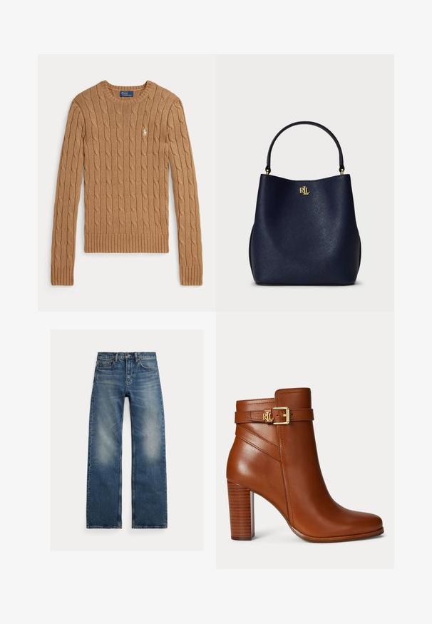 Kameelkleurige kabelgebreide trui met lange mouwen, geribbelde manchetten en zoom. Heeft een klein geborduurd logo op de borst.; Blauwe straight-leg jeans met vervaagde plekken op de dijen, vijfzakkenontwerp en knoopsluiting, plat liggend op een witte achtergrond.; Bruine leren enkellaars met gestapelde hoge hak, zijriem met gouden "RL" logo en een gladde afgeronde neus.; Navyblauwe synthetische handtas met een gestructureerde afwerking, featuring een gouden logo-accent, een soepele handgreep en een zacht gestructureerde vorm.