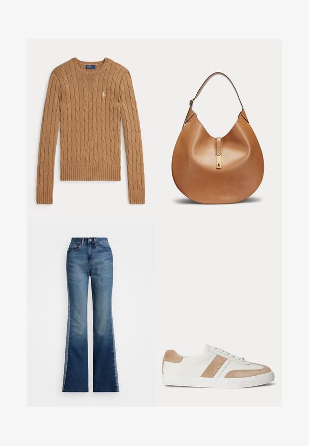 Camelfarvet kabelstrikket sweater med lange ærmer, ribstrikkede manchetter og kant. Har en lille broderet logo på brystet.; Polo Ralph Lauren FLARE JEAN - Flared jeans - boyne wash; Hvid lavtop sneaker med beige ruskind detaljer på hæl, sidestribe og tå, med hvide snørebånd og tekstureret gummisål.; Brun læder hobo taske med enkelt strop og guldfarvet metal spænde med lille hestelogo.