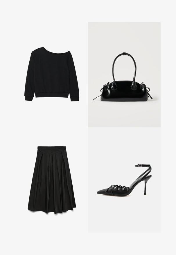 Zwarte off-shoulder sweatshirt met lange mouwen, geribbelde manchetten en tailleband in een zachte, lichtgewicht stof. Eenvoudig, onopgemaakte ontwerp.; Zwarte geplooide midi-rok met een hoge tailleband, uitlopende silhouet en zachte stoftextuur.; Zwarte pumps met hoge hak en spitse neus, gegolfde randen, metalen oogjes, vetergespsluiting aan de voorzijde en enkelriem met gespsluiting.; Kleine zwarte glanzende handtas met twee lange hengsels en zijkant trekkoord details op een effen lichte achtergrond.
