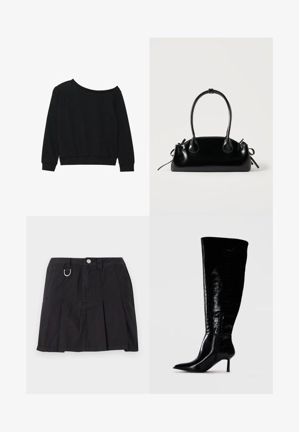 Zwarte off-shoulder sweatshirt met lange mouwen, geribbelde manchetten en tailleband in een zachte, lichtgewicht stof. Eenvoudig, onopgemaakte ontwerp.; Zwarte plissérok van katoen, met een knoopsluiting aan de voorkant, riemlussen en een D-ring accent op de tailleband.; Zwart laarsjes tot de knie met een glanzende, krokodillenpatroon afwerking. Puntige neus en dunne hak; beschikt over een zijrits als sluiting.; Kleine zwarte glanzende handtas met twee lange hengsels en zijkant trekkoord details op een effen lichte achtergrond.