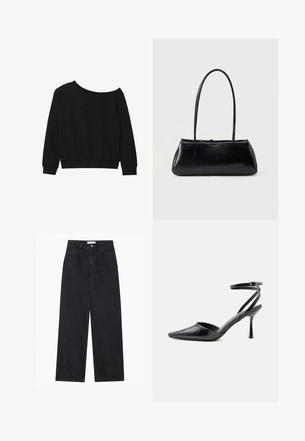 Zwarte off-shoulder sweatshirt met lange mouwen, geribbelde manchetten en tailleband in een zachte, lichtgewicht stof. Eenvoudig, onopgemaakte ontwerp.; Zwarte high-waisted spijkerbroek met wijde pijpen, frontknopen en ritssluiting, ceintuurlussen en een vijf-pocket stijl.; Zwarte pumps met puntige neus, dunne enkelbandjes en een zilveren gesp op een effen lichte achtergrond.; Zwarte rechthoekige schoudertas met lange dunne banden en een gladde, glanzende textuur op een effen achtergrond.