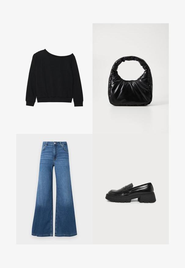 Zwarte off-shoulder sweatshirt met lange mouwen, geribbelde manchetten en tailleband in een zachte, lichtgewicht stof. Eenvoudig, onopgemaakte ontwerp.; Wijdvallende blauwe spijkerbroek van denim, met een hoge taille, voorzakken en een rechte zoom. Geen zichtbare patronen of versieringen.; Zwarte leren loafer met dikke platformzool en lage blokhak, zijkant zichtbaar op een effen lichte achtergrond.; Zwarte gevoerde handtas met een ronde handgreep, met een gladde, glanzende oppervlakte en een zachte, gewatteerde textuur. Geen zichtbare metalen onderdelen of accenten.