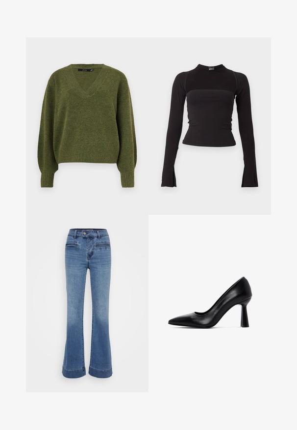 Vero Moda Knitted VMBOOM Knitted - Jersey de punto - cypress; Top negro ajustado de manga larga con cuello alto y ligero vuelo en los extremos de las mangas, con una pequeña etiqueta en la zona del cuello.; Jeans de mezclilla acampanados en azul medio con cintura alta, bolsillos frontales y costuras en contraste. La tela es suave con un acabado ligeramente desgastado.; Zapato de tacón alto de cuero negro con punta puntiaguda y tacón bloque acampanado, mostrado de perfil sobre fondo blanco.
