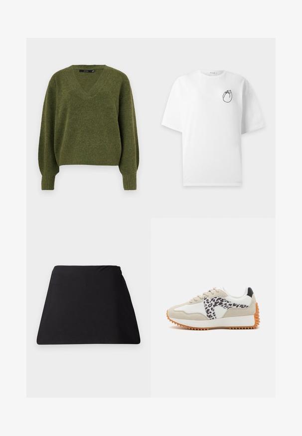 Vero Moda Knitted VMBOOM Knitted - Jersey de punto - cypress; Camiseta blanca de manga corta con un pequeño dibujo en línea negro de un gato acurrucado en la parte superior izquierda del pecho.; Cubierta de tela trapezoidal negra con textura suave, diseño sin costuras y sin hardware visible. Forma simplista adecuada para múltiples usos.; Zapatilla beige y blanca con un panel de estampado de leopardo, ante texturizado y suela de goma con estrías para tracción. Incluye cordones y un cuello acolchado.