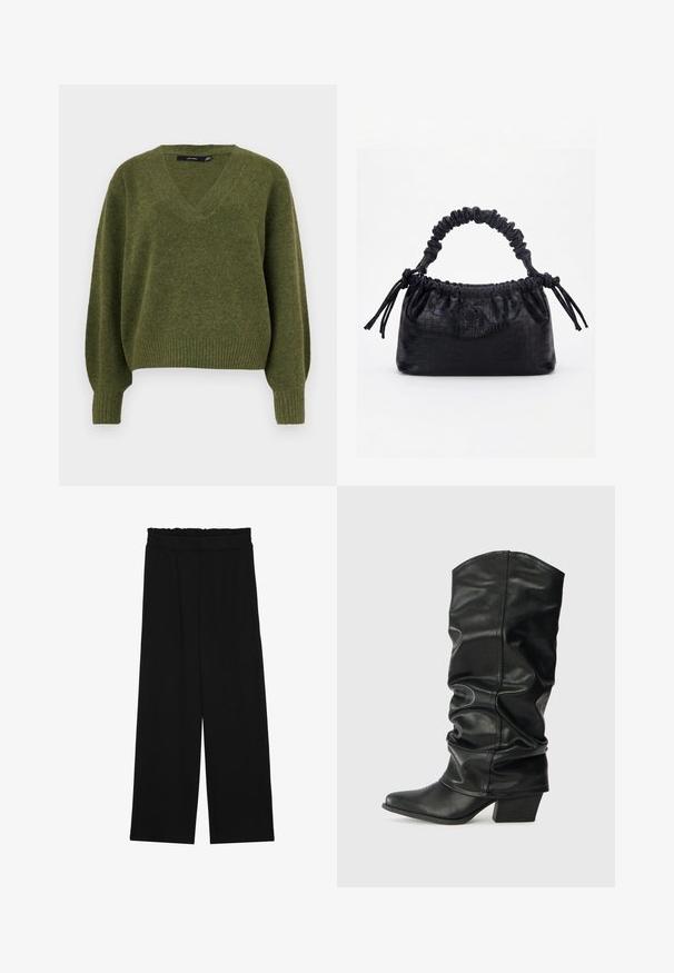 Vero Moda Knitted VMBOOM Knitted - Πουλόβερ - cypress; Μαύρο παντελόνι με φαρδιά πόδια και ριχτό μέσο, που διαθέτει δύο πλαϊνές τσέπες και ύφασμα απαλό και ελαφρύ. Χωρίς ορατά μοτίβα ή μεταλλικά εξαρτήματα.; Μαύρες δερμάτινες μπότες μέχρι το γόνατο με χαλαρή σχεδίαση, μυτερή μύτη και χοντρό τακούνι, με λείο υλικό και ελάχιστες ραφές.; Μαύρη τσάντα με υφή κροκοδείλου, με πτυχώσεις στην πάνω άκρη, μαζεμένη λαβή και κορδόνια με φούντες σε κάθε πλευρά, πάνω σε λευκό φόντο.