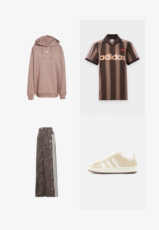 Pehmeast materjalist tuulega kapuutsiga roosakas pullover. Omab eesmist taskut, reguleeritavat kapuutsi ja valget logo rinnal.; Pruunide triipudega Adidas polotee, V-kaelusega, bordeau krae ja punase logoga. Omad valge ja punase triibuga õlad ning lühikesed varrukad.; Laiade säärega püksid, millel on pruun-must madu nahkmuster, valge kolmeahelise küljetriibu detail ja Adidas trefoil logo puusal.; Beežid seemisnahast madala säärega tossud valgete paelte, kolme valge triibuga küljel ning "CAMPUS" tekstielemendiga.