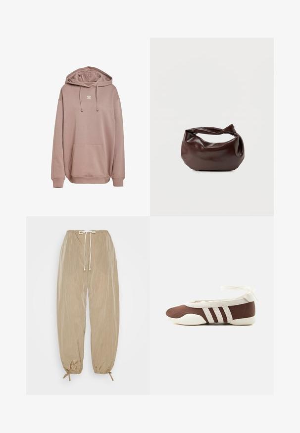 Pehmeast materjalist tuulega kapuutsiga roosakas pullover. Omab eesmist taskut, reguleeritavat kapuutsi ja valget logo rinnal.; Weekday ALISTAR PARACHUTE TROUSER - Püksid - mole; Pruun ja valge baleriinjalanõu, millel on kolm valget triipu ja pahkluu paelaga lips, helel taustal.; Tumepruunast nahast õlakott, pehme ja lõdva vormiga, keeratud sõlme tüüpi sangaga, valgel ühevärvilisel taustal.