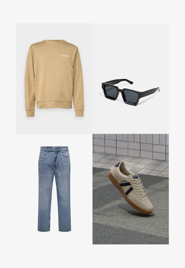 Sweatshirt beige avec col rond et poignets côtelés, arborant un discret texte "Club1990" en blanc sur la zone du côté gauche de la poitrine. Texturé lisse.; Jean droit en denim bleu clair avec fermeture par bouton et zip, poches à l’avant et à l’arrière.; Baskets beiges avec une finition texturée, bandes navy et semelle en caoutchouc. Équipées d'une languette rembourrée et d'un système de laçage traditionnel pour un maintien sécurisé.; Lunettes de soleil rectangulaires noires avec des verres foncés. Monture en plastique épaisse et lisse avec une finition légèrement brillante et des branches droites.