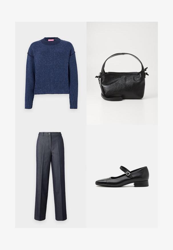 Pull en tricot bleu marine avec une texture côtelée, des manches longues et un col rond. Présente une subtile variation de couleur.; Pantalons larges gris foncé en tissu lisse, dotés d'une fermeture à bouton à l'avant, de plis tailleur et de poches élégantes.; Chaussures Mary Jane en cuir noir avec un embout en vernis, une sangle cheville réglable et un petit talon carré. Texture lisse et design élégant.; Sac à main en cuir noir au design structuré, avec une poignée arrondie et une bandoulière amovible. Présente une texture lisse et un éclat subtil.