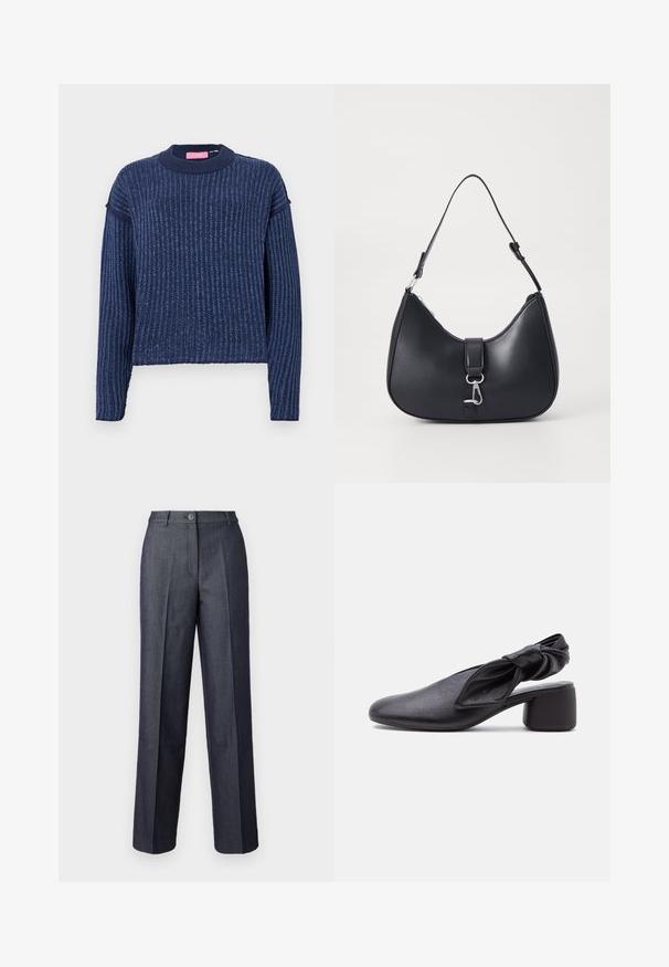 Marineblå, strikket sweater med ribbet tekstur, lange ærmer og rund halsudskæring. Har en subtil farvevariation gennem hele materialet.; Mørkegrå brede bukser lavet af glat stof, med frontknaplukning, skræddersyede folder og elegante lommer.; Sort læder slingback-sko med rundet tå, detaljer med knyttet rem og lav blokhæl på hvid baggrund.; Pieces PCLIKA SHOULDER BAG - Håndtasker - black
