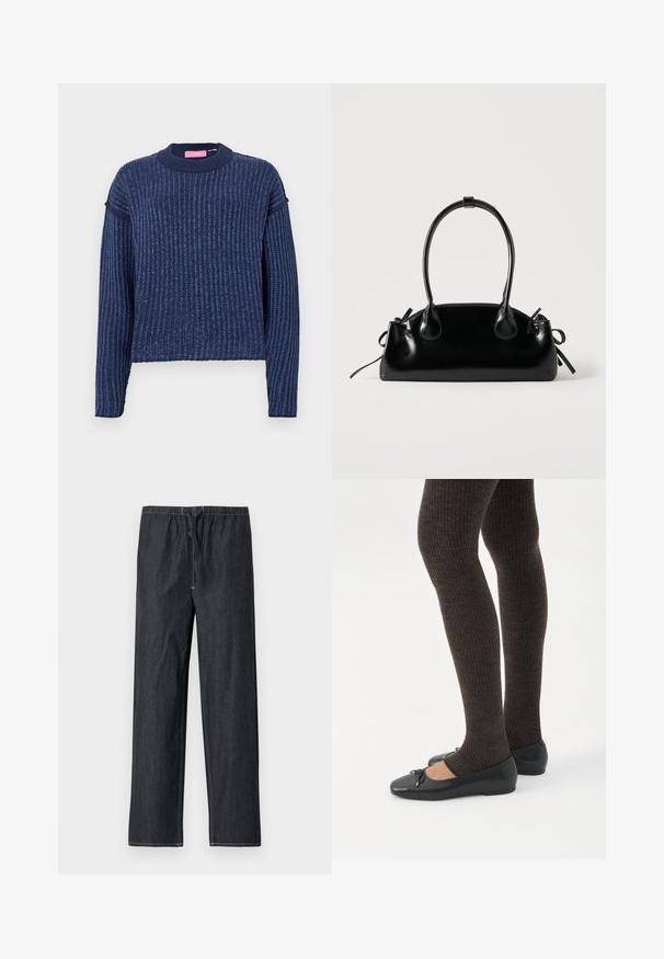 Pull en tricot bleu marine avec une texture côtelée, des manches longues et un col rond. Présente une subtile variation de couleur.; Pantalon en denim foncé avec taille élastique et cordon de serrage, présentant une coupe droite et des surpiqûres contrastantes.; Jambes portant des leggings côtelés foncés associés à des ballerines noires avec de petits détails en nœud sur fond blanc.; Petit sac à main noir brillant avec deux longues anses et des détails à cordon sur les côtés sur un fond clair uni.