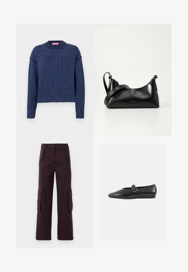 Pull en tricot bleu marine avec une texture côtelée, des manches longues et un col rond. Présente une subtile variation de couleur.; Pantalons cargo straight-leg de couleur violet foncé avec des poches à rabat sur les côtés, des poches avant inclinées et des passants de ceinture à la taille.; Chaussure plate en cuir noir avec un orteil pointu, présentant une sangle à boucle métallique sur le cou-de-pied et une semelle basse et flexible.; Sac à main en cuir noir avec une texture lisse. Dispose d'une bandoulière adjustable et d'un design élégant et minimaliste avec une fermeture éclair.