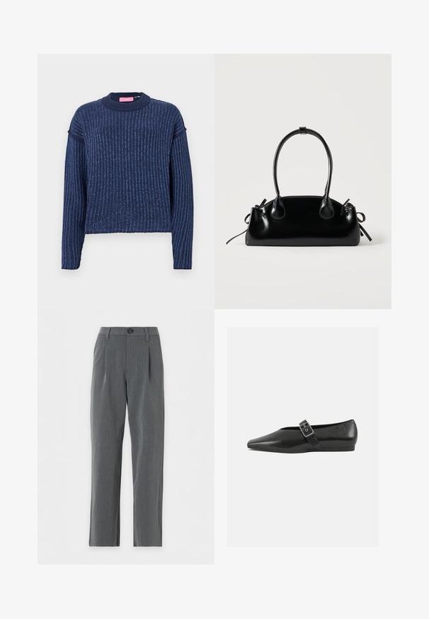 Pull en tricot bleu marine avec une texture côtelée, des manches longues et un col rond. Présente une subtile variation de couleur.; Pantalon gris coupe droite avec passants de ceinture, fermeture à boutons sur le devant et plis près de la taille sur fond blanc.; Chaussure plate en cuir noir avec un orteil pointu, présentant une sangle à boucle métallique sur le cou-de-pied et une semelle basse et flexible.; Petit sac à main noir brillant avec deux longues anses et des détails à cordon sur les côtés sur un fond clair uni.