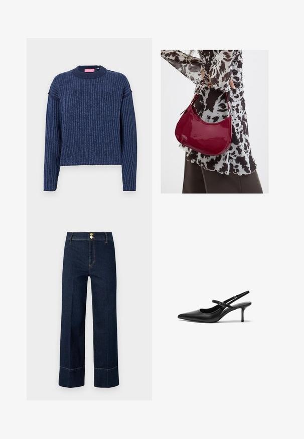 Pull en tricot bleu marine avec une texture côtelée, des manches longues et un col rond. Présente une subtile variation de couleur.; Jeans taille haute large bleu marine avec double bouton doré et surpiqûres orange visibles sur un fond clair.; Talons aiguilles noires en cuir avec un bout pointu, une fine bride réglable, et un talon aiguille d'environ 5 cm, texture lisse.; Femme portant un chemisier à motif noir et blanc tenant un sac à main rouge brillant sur un fond uni.