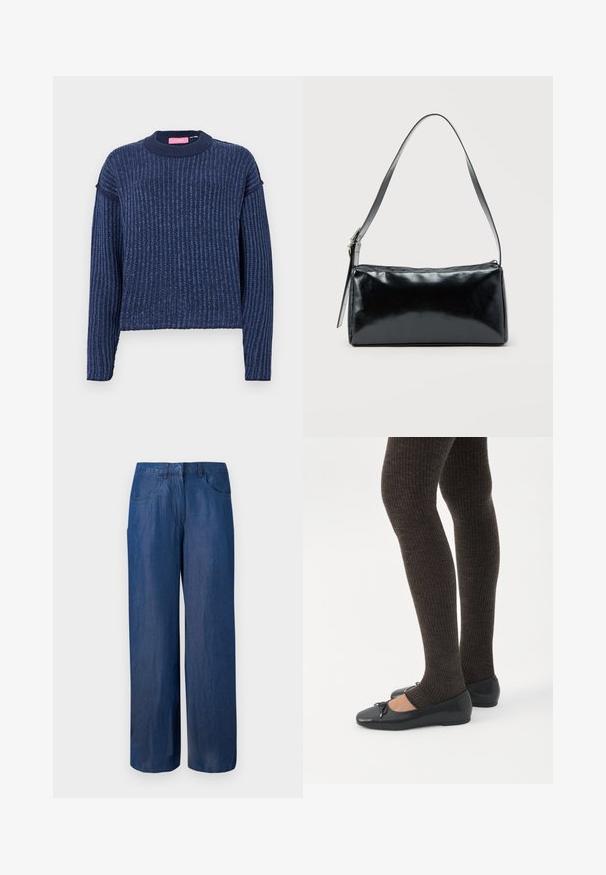 Pull en tricot bleu marine avec une texture côtelée, des manches longues et un col rond. Présente une subtile variation de couleur.; Pantalons en denim à jambe large en bleu foncé. Fabriqués en coton avec une texture lisse. Comprend deux poches avant et une fermeture à boutons à la taille.; Jambes portant des leggings côtelés foncés associés à des ballerines noires avec de petits détails en nœud sur fond blanc.; Sac d'épaule rectangulaire noir avec une sangle réglable unique et une fermeture éclair supérieure sur un fond uni.