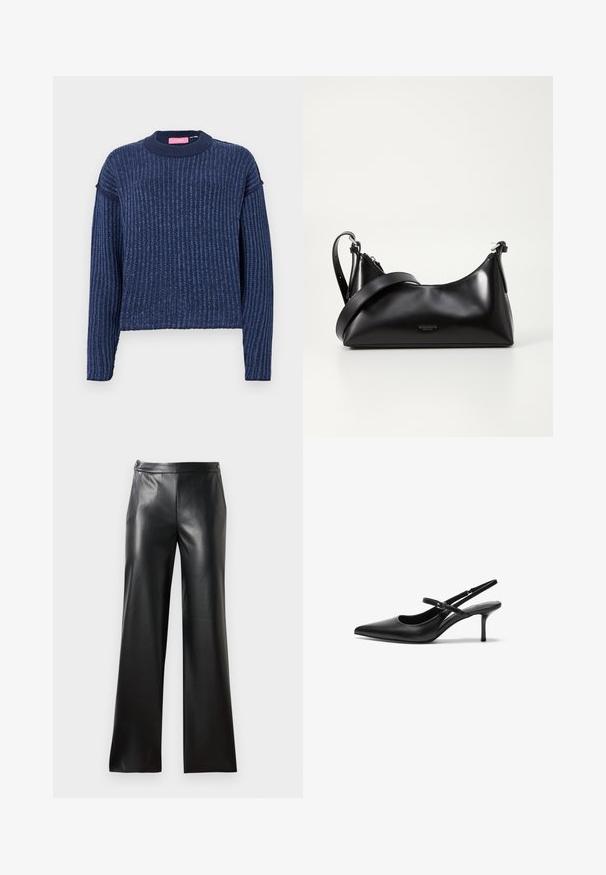 Marineblå, strikket sweater med ribbet tekstur, lange ærmer og rund halsudskæring. Har en subtil farvevariation gennem hele materialet.; Sorte læder bredbenede bukser med en glat tekstur, forlommer og lynlås lukning. Har et rent, minimalistisk design.; Sorte læder slingback hæle med spids tå, slank justerbar rem og en stiletto hæl på cirka 5 cm, glat tekstur.; Sort læderhåndtaske med en glat tekstur. Har en justerbar stropp og et enkelt, minimalistisk design med lynlås.