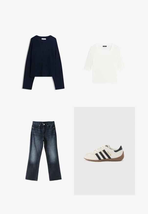 Mørkeblå sweater lavet af blødt materiale, med en rund halsudskæring, lange ærmer og ribbede kanter ved nedre del og håndled, samt et cropped design.; Hvid kortærmet top med rund halsudskæring og ombukket kantdetalje på ærmerne, vist på en ensfarvet baggrund.; Mørkeblå jeans med lige ben, forlommer, bæltestropper, knaplukning og let falmning på lårene og knæene.; Hvid Adidas-sneaker med sorte striber, brun tekstureret sål og "SPEZIAL" i guldbogstaver på siden, set fra ydersiden.