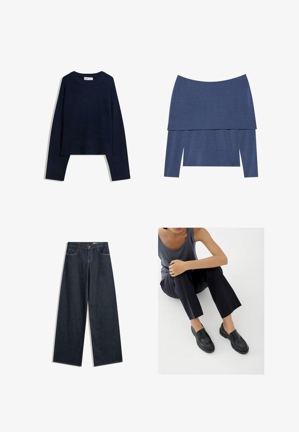 Mørkeblå sweater lavet af blødt materiale, med en rund halsudskæring, lange ærmer og ribbede kanter ved nedre del og håndled, samt et cropped design.; Langærmet top i mørkeblå med off-the-shoulder design og lag-efekt, fremstillet af blødt, tekstureret stof.; Vidbenede mørkeblå denimjeans med knap foran, lynlås, bæltestropper og fem lommer på hvid baggrund.; Sorte læderloafers med teksturerede detaljer, lav hæl, rund tå og synlige syninger. Modellen bærer mørke bukser og en grå top.