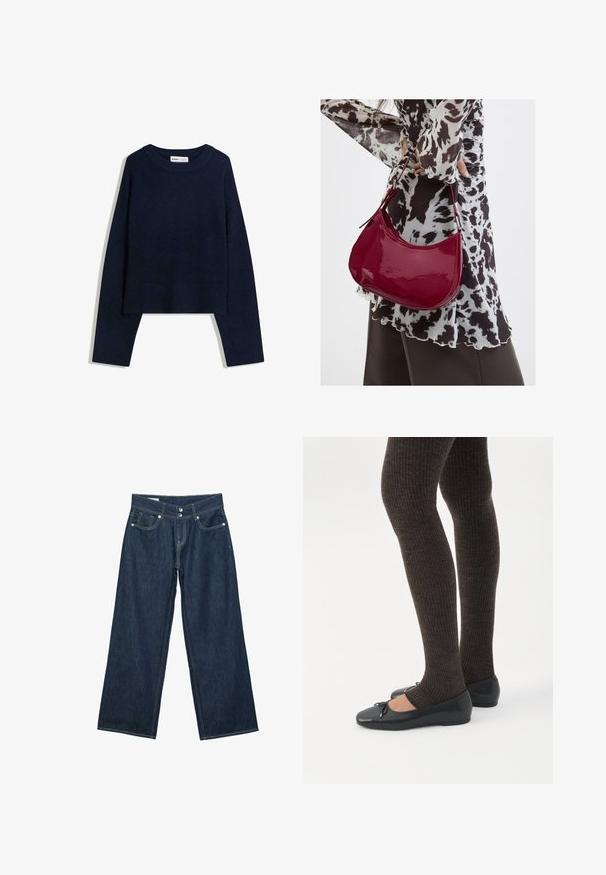 Mørkeblå sweater lavet af blødt materiale, med en rund halsudskæring, lange ærmer og ribbede kanter ved nedre del og håndled, samt et cropped design.; Mørkeblå vidde jeans i denim med dobbelt knaplukning, forlommer og kontrastsyning på hvid baggrund.; Ben iført mørke ribbede leggings kombineret med sorte balletsko med små sløjfedetaljer på hvid baggrund.; Kvinde iført en sort- og hvidmønstret bluse, der holder en blank rød skuldertaske mod en ensfarvet baggrund.