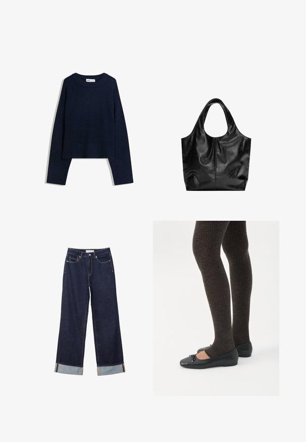 Pull bleu marine fabriqué en matériau doux, avec un col rond, des manches longues et un ourlet et des poignets côtelés, au design cropped.; Jean denim bleu foncé à jambes larges avec ourlets retroussés, bouton devant, braguette zippée et design à cinq poches.; Jambes portant des leggings côtelés foncés associés à des ballerines noires avec de petits détails en nœud sur fond blanc.; Sac fourre-tout en cuir noir avec une texture lisse, un haut arrondi doux et de larges poignées. Présente une couture minimale et une silhouette décontractée.