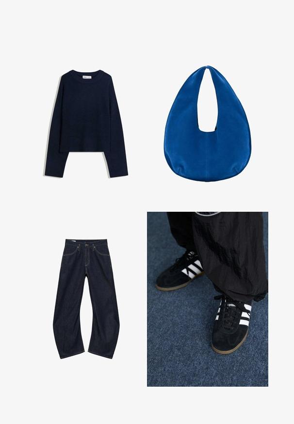 Pull bleu marine fabriqué en matériau doux, avec un col rond, des manches longues et un ourlet et des poignets côtelés, au design cropped.; Jean denim bleu foncé à jambes larges avec poches avant, passants pour ceinture et fermeture bouton, posé à plat sur fond blanc.; Des chaussures de sport en suède noir avec trois rayures blanches et des lacets noirs. Un pantalon noir texturé est partiellement visible à côté des chaussures.; Sac hobo en tissu bleu doux avec une forme arrondie en croissant et une large ouverture pour la poignée au centre supérieur.