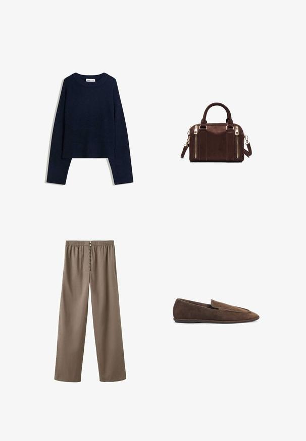 Mørkeblå sweater lavet af blødt materiale, med en rund halsudskæring, lange ærmer og ribbede kanter ved nedre del og håndled, samt et cropped design.; Brune bukser i løs pasform med elastisk talje og knaplukning foran, lavet af letvægtsstof egnet til afslappet brug.; Brune herre loafers i ruskind med spids tå og lav sort gummisål, vist i sideprofil på hvid baggrund.; Brun rektangulær håndtaske i læder med to håndtag, to lodrette lynlåslommer foran og en aftagelig skulderrem.