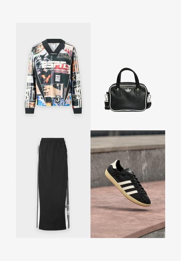 Adidas sportshirt met lange mouwen en een collage van vintage sportafbeeldingen, het ESPN-logo en de tekst "There's no place like sports".; Zwarte lange sportieve rok met witte zijpanelen en zwarte strepen, elastische tailleband en Adidas logo patch nabij de onderzoom.; Zwarte Adidas sneaker met witte strepen en beige zool, vastgelegd in de lucht boven een stenen oppervlak en een stenen muur op de achtergrond.; Zwarte leren handtas met twee korte handvatten, zilverkleurige hardware, witte accenten en een wit logo. Heeft een gestructureerd oppervlak en een compact ontwerp.