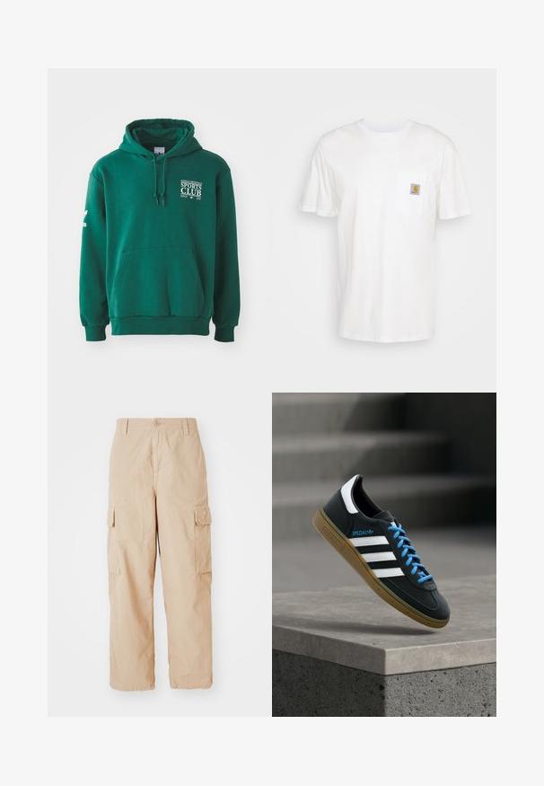 Groene hoodie van zacht materiaal, met een buidelzak, verstelbare capuchon en witte tekstbranding op de borst en mouw.; Witte katoenen t-shirt met korte mouwen, een borstzak en een klein vierkant logo-opdruk in oranje en wit op de zak.; Beige cargobroek met een relaxte pasvorm, gemaakt van lichtgewicht stof, voorzien van twee zij-cargozakken en een knoopsluiting in de taille.; Zwarte Adidas-sneaker met witte strepen, blauwe veters en een gumzool die boven een grijze betonnen trede zweeft in zacht licht.