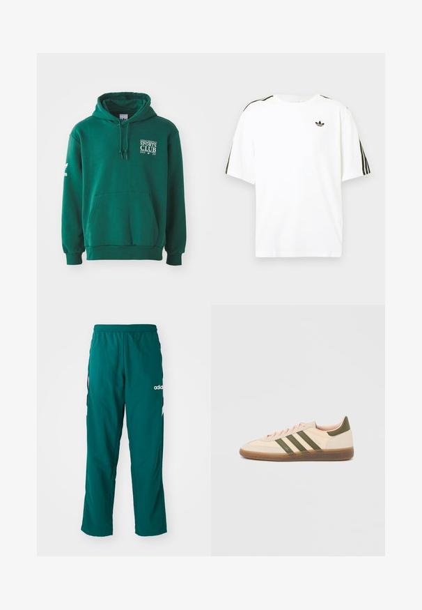 Grøn hættetrøje lavet af blødt stof, med en kengurulomme, snørehætte og hvid tekstbranding på brystet og ærmet.; Hvid bomuld t-shirt med korte ærmer, prydet med sorte tre-stribede detaljer på skuldrene og et lille sort logo på brystet.; Grønne træningsbukser lavet af letvægtsstof, med elastisk talje, sidelommer og hvidt Adidas-logo på venstre side.; Beige Adidas Spezial sneaker med lav profil, grønne striber, gummisål og "SPEZIAL"-branding på siden, vist fra ydersiden.